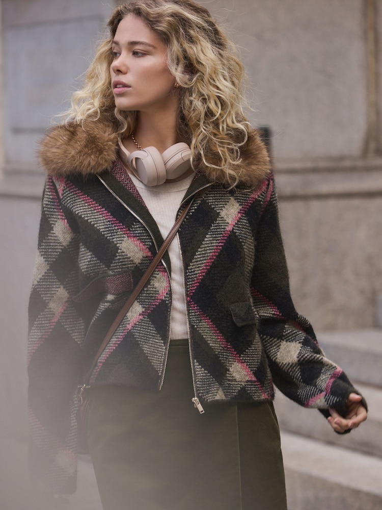 Khaki Green Tartan Check Faux Fur Collar Zip Through Jacket - Image 1 of 8 Khaki Green Tartan Check Faux Fur Collar Zip Through Jacket - Image 1 of 8
