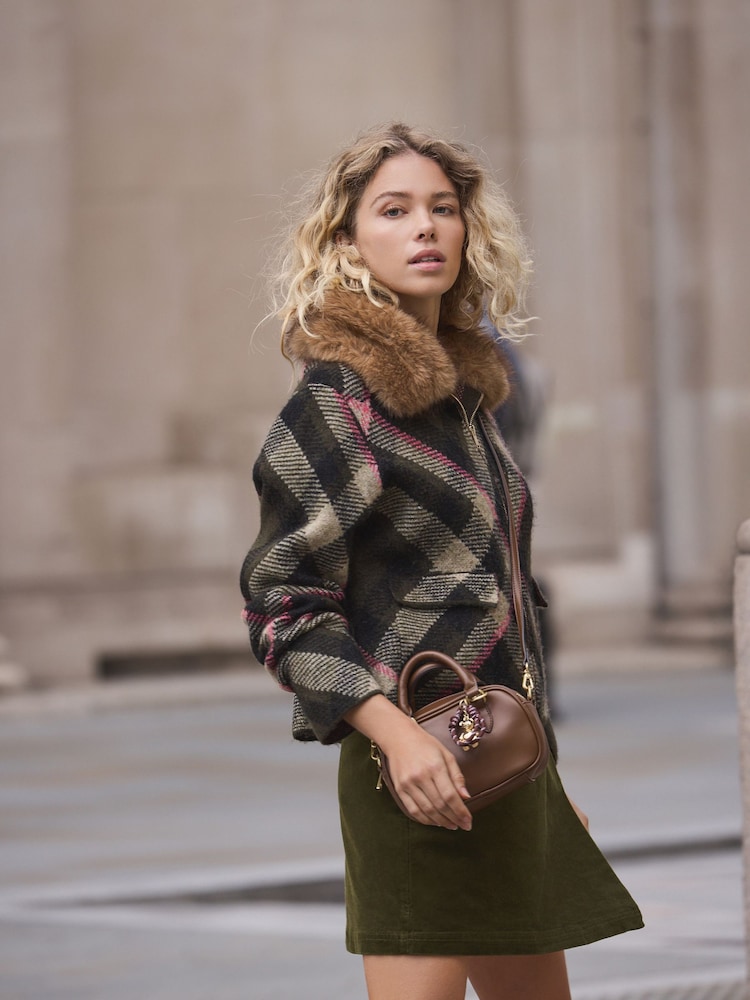 Khaki Green Tartan Check Faux Fur Collar Zip Through Jacket - Image 2 of 8 Khaki Green Tartan Check Faux Fur Collar Zip Through Jacket - Image 2 of 8