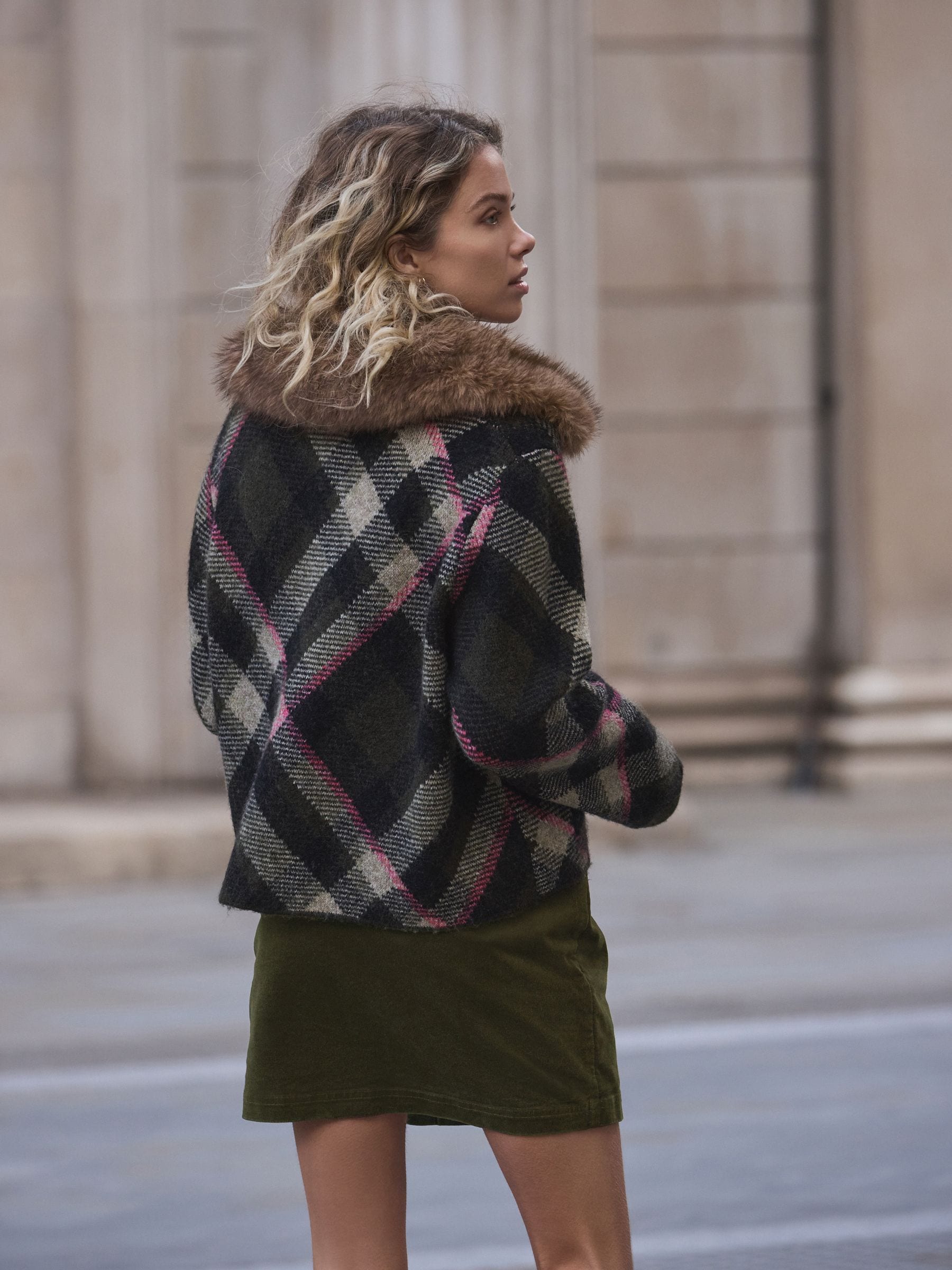 Buy Khaki Green Tartan Check Faux Fur Collar Zip Through Jacket