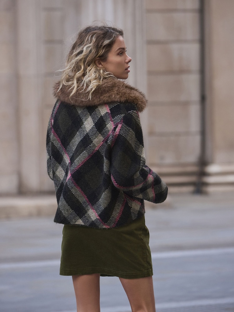 Buy Khaki Green Tartan Check Faux Fur Collar Zip Through Jacket 