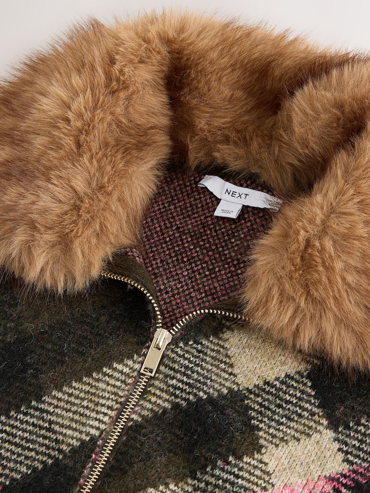 Khaki Green Tartan Check Faux Fur Collar Zip Through Jacket - Image 8 of 8 Khaki Green Tartan Check Faux Fur Collar Zip Through Jacket - Image 8 of 8