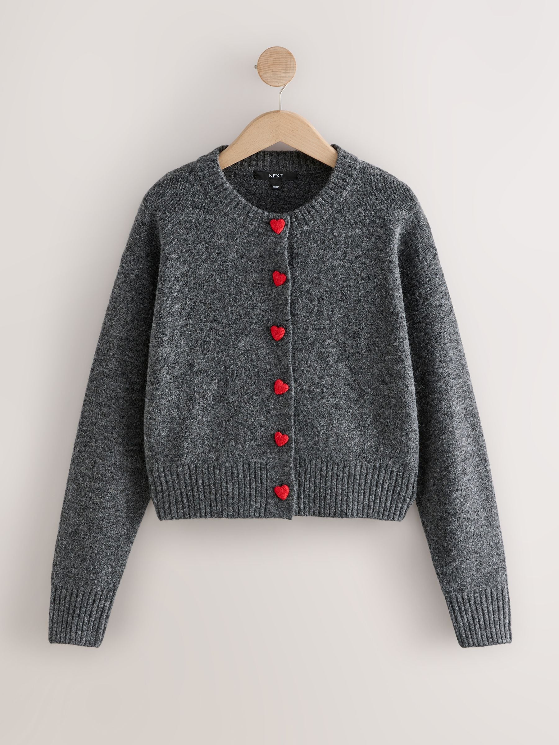 Buy Grey/Red Heart Buttons Crew Neck Knitted Cardigan from Next USA
