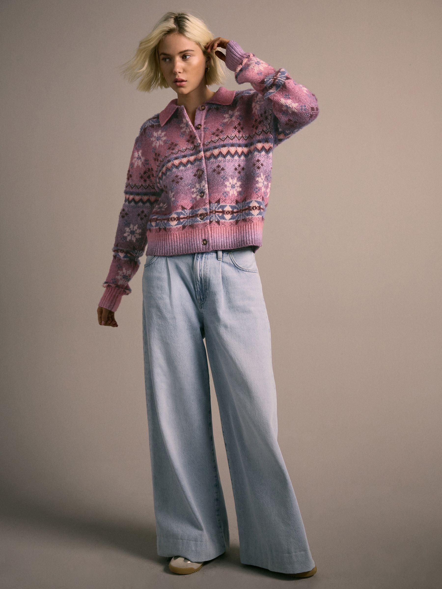 Buy Pink/Purple Multi Space Dye Fairisle Pattern Collar Cardigan