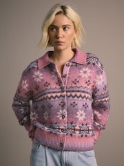 Pink/Purple Multi Space Dye Fairisle Pattern Collar Cardigan - Image 3 of 9