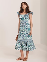 Mint Velvet Green 100% Cotton Floral Print Midi Dress - Image 1 of 8