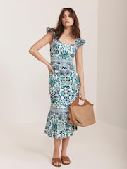 Mint Velvet Green 100% Cotton Floral Print Midi Dress - Image 2 of 8