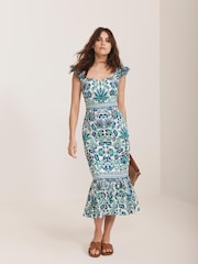 Mint Velvet Green 100% Cotton Floral Print Midi Dress - Image 5 of 8