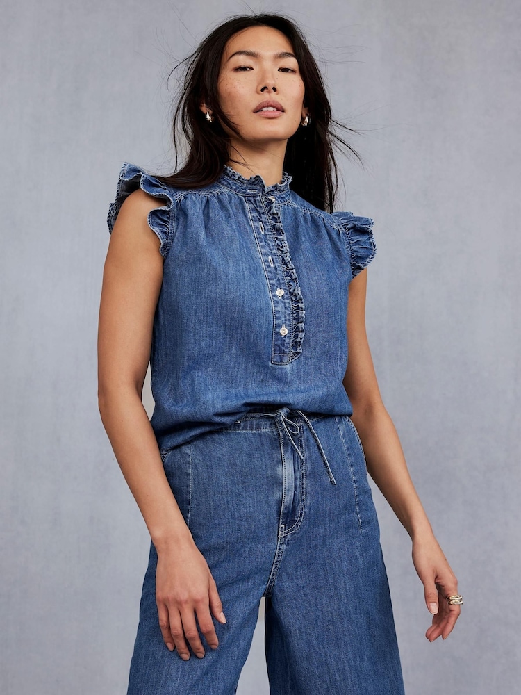 Mint Velvet Blue Wash Denim Ruffle 100% Cotton Blouse - Image 1 of 6