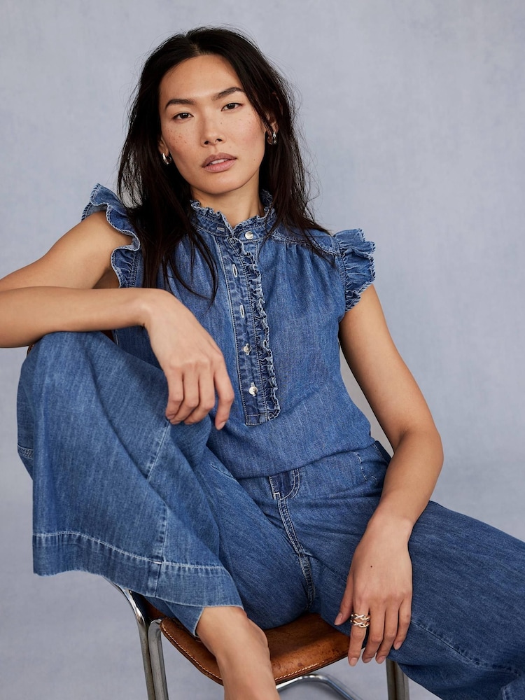 Mint Velvet Blue Wash Denim Ruffle 100% Cotton Blouse - Image 2 of 6