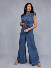 Mint Velvet Blue Wash Denim Ruffle 100% Cotton Blouse - Image 3 of 6