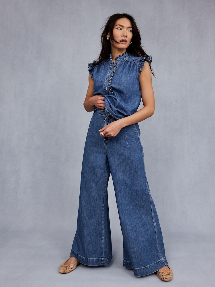 Buy Mint Velvet Blue Wash Denim Ruffle 100% Cotton Blouse from the