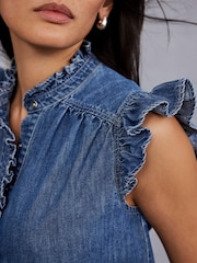 Mint Velvet Blue Wash Denim Ruffle 100% Cotton Blouse - Image 4 of 6