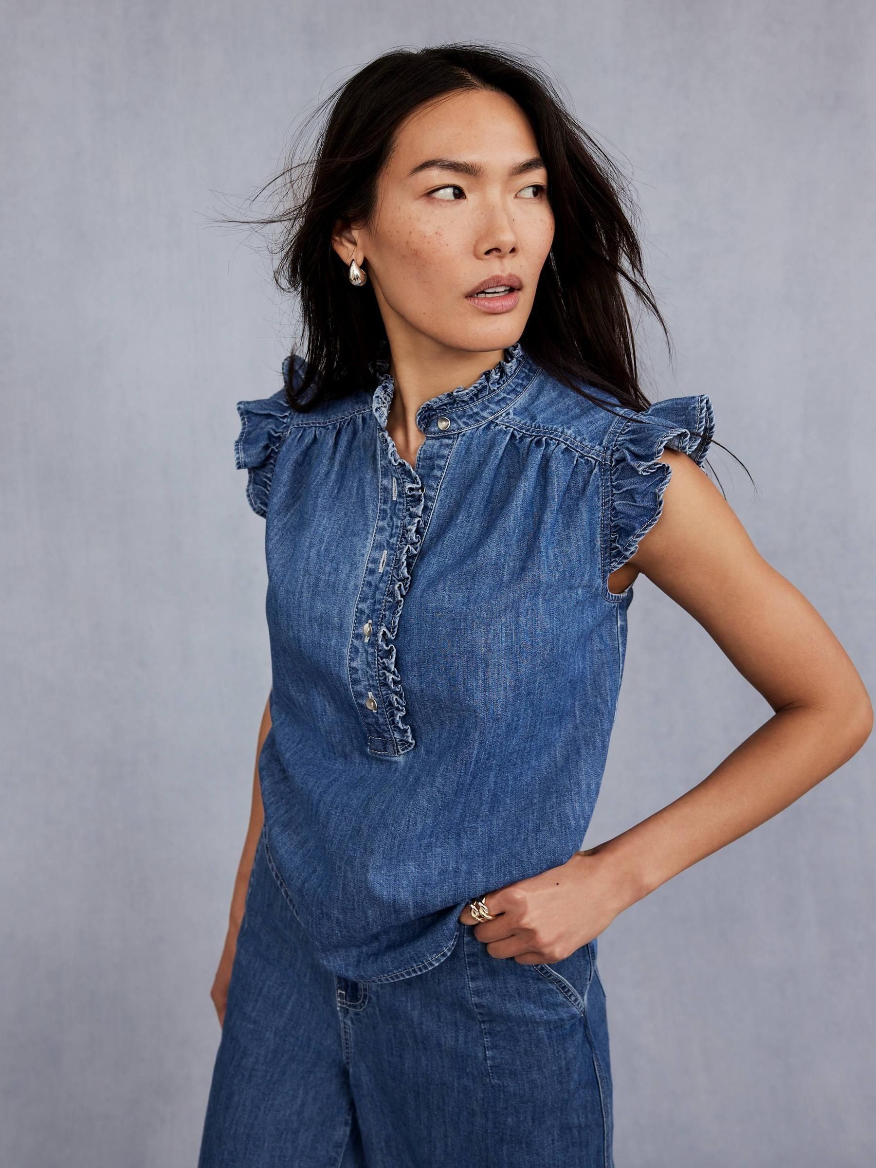 denim ruffle blouse