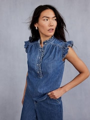 Mint Velvet Blue Wash Denim Ruffle 100% Cotton Blouse - Image 5 of 6