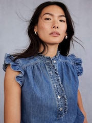 Mint Velvet Blue Wash Denim Ruffle 100% Cotton Blouse - Image 6 of 6