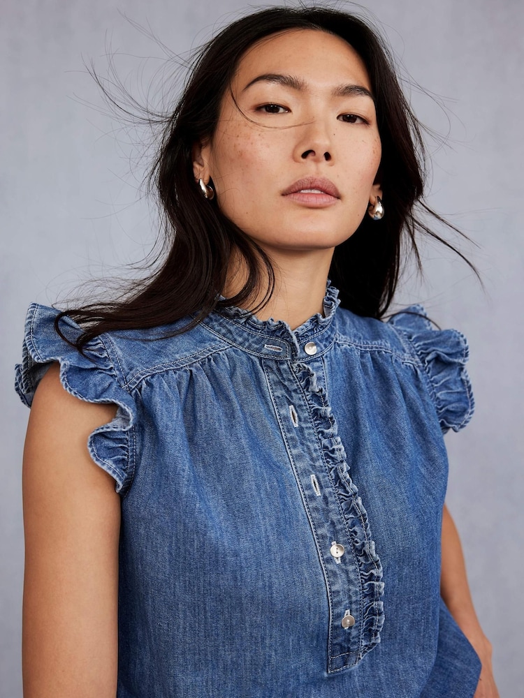 Mint Velvet Blue Wash Denim Ruffle 100% Cotton Blouse - Image 6 of 6