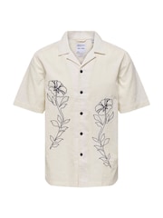 Only & Sons White Onsgali Relax Resort Short Sleeve Embroidery 100% Cotton Shirt - Image 3 of 4