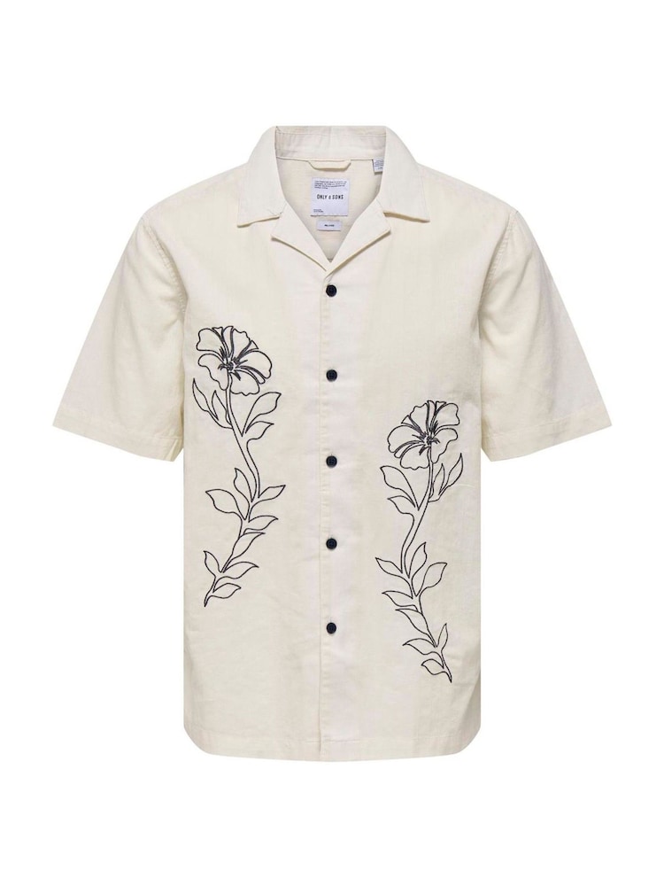Only & Sons White Onsgali Relax Resort Short Sleeve Embroidery 100% Cotton Shirt - Image 3 of 4