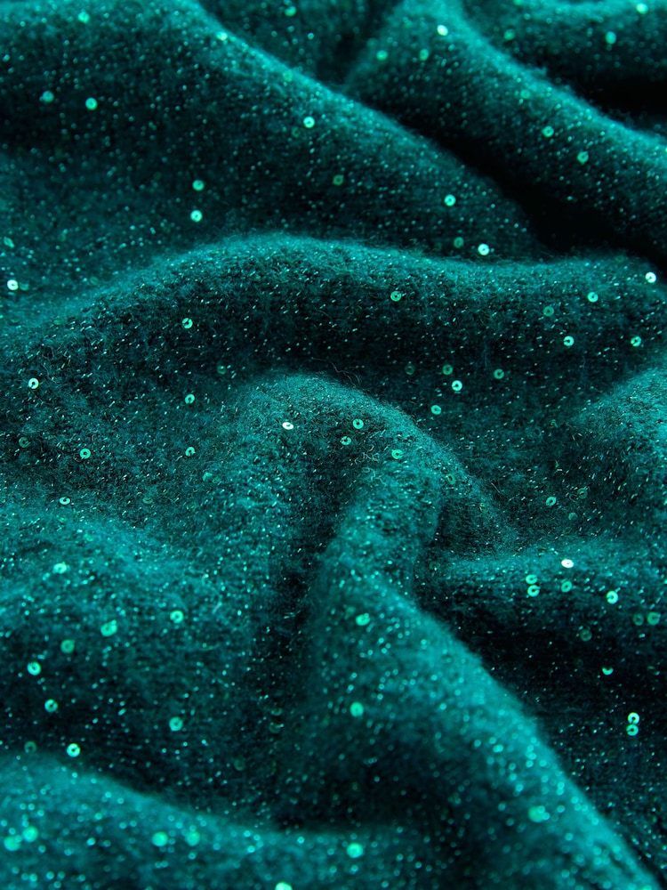 Teal Blue Sequin Crew Neck Knitted Jumper with Wool - Image 3 of 3 Teal Blue Sequin Crew Neck Knitted Jumper with Wool - Image 3 of 3