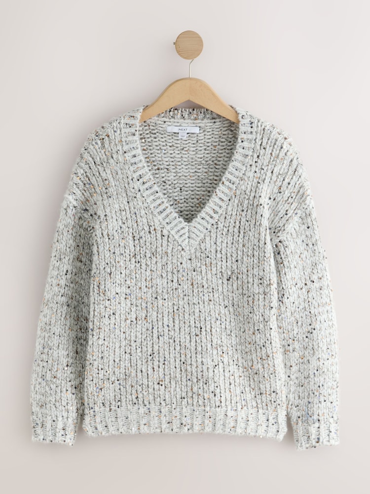 Light Grey Sequin V-Neck Chunky Knit Jumper - Image 1 of 3 Light Grey Sequin V-Neck Chunky Knit Jumper - Image 1 of 3