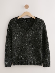Black Sequin V-Neck Chunky Knit Jumper - Image 1 of 3