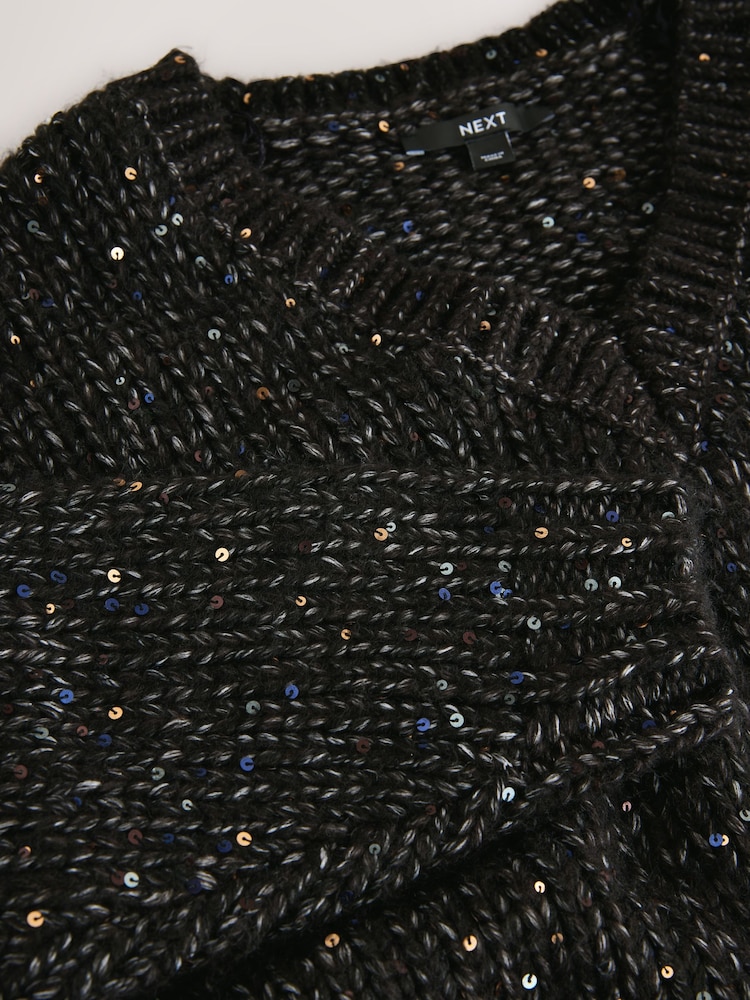 Black Sequin V-Neck Chunky Knit Jumper - Image 2 of 3 Black Sequin V-Neck Chunky Knit Jumper - Image 2 of 3