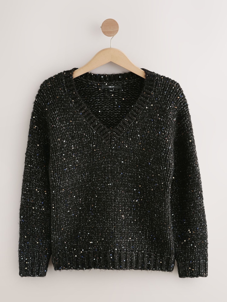 Pull Femme Noir Scintillant NEXT Manches Fendues - Taille 6 - Occasion Très Bon état