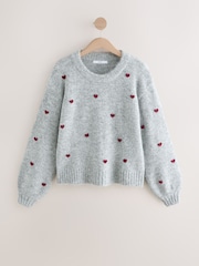 Grey with 3D Red Hearts Crew Neck Jumper With Wool - Image 1 of 4