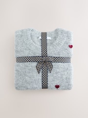 Grey with 3D Red Hearts Crew Neck Jumper With Wool - Image 7 of 9