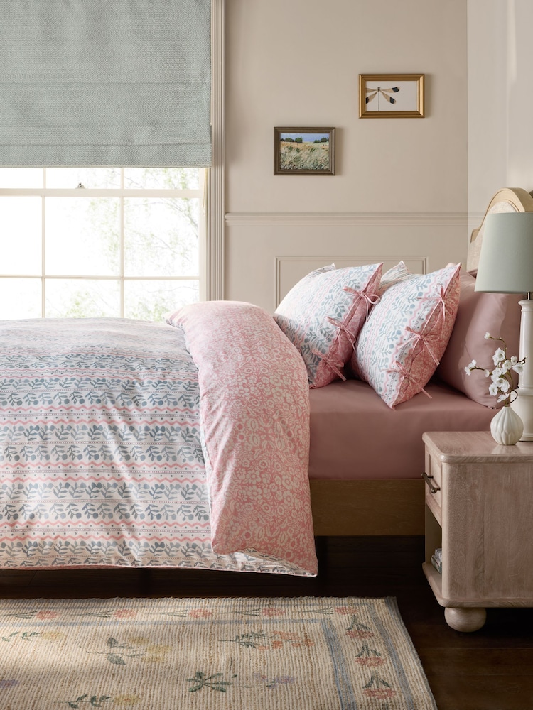 Blue/Pink Woodblock 200TC Percale Collection Luxe Duvet Cover And Pillowcase Set - Image 1 of 7