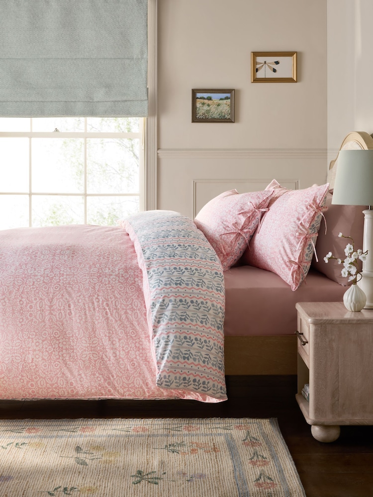 Blue/Pink Woodblock 200TC Percale Collection Luxe Duvet Cover And Pillowcase Set - Image 2 of 7