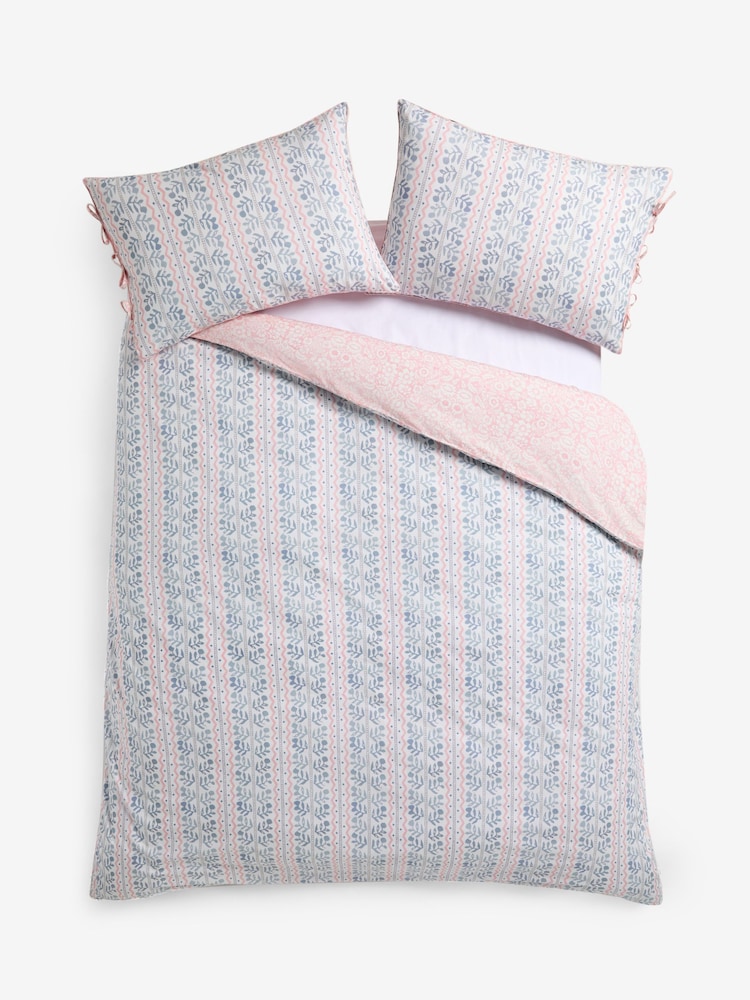 Blue/Pink Woodblock 200TC Percale Collection Luxe Duvet Cover And Pillowcase Set - Image 7 of 7