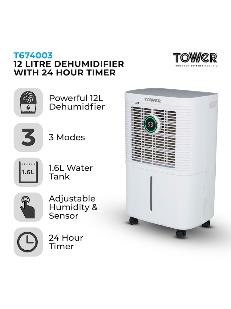 Tower White 12L Compressor Dehumidifier with 16L Water Tank - Image 2 of 6