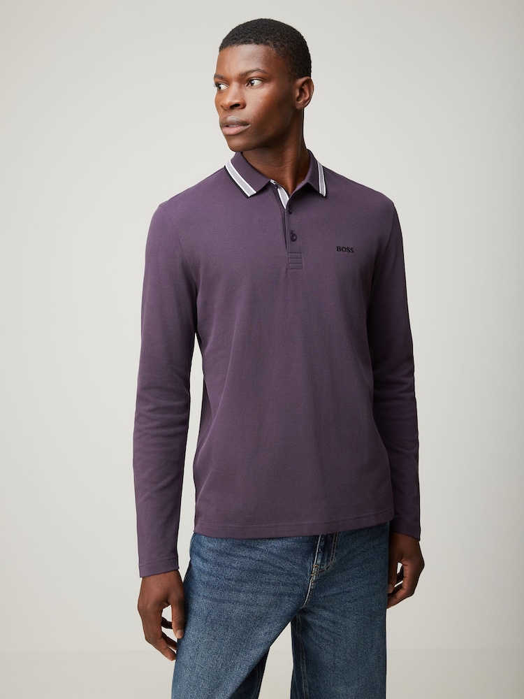 BOSS Purple Regular Fit Plisy Tipped Collar Polo Shirt - Image 1 of 4 BOSS Purple Regular Fit Plisy Tipped Collar Polo Shirt - Image 1 of 4