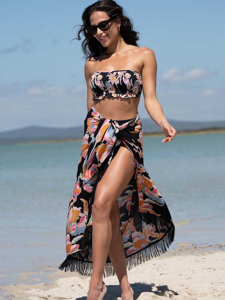 Pour Moi Black Floral Fringe Trim Crinkle Woven Multiway Sarong - Image 1 of 2