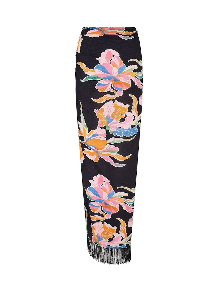 Pour Moi Black Floral Fringe Trim Crinkle Woven Multiway Sarong - Image 2 of 2