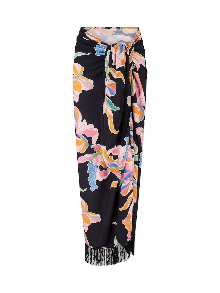 Pour Moi Black Floral Fringe Trim Crinkle Woven Multiway Sarong - Image 2 of 4 Pour Moi Black Floral Fringe Trim Crinkle Woven Multiway Sarong - Image 2 of 4