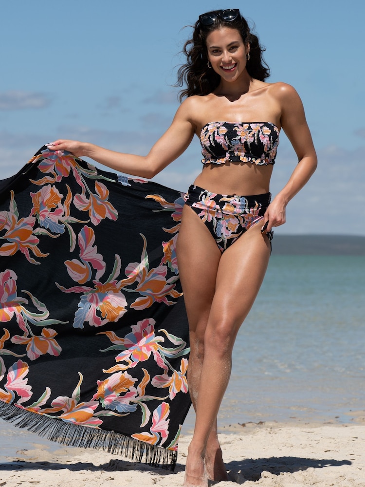 Pour Moi Black Floral Fringe Trim Crinkle Woven Multiway Sarong - Image 4 of 4 Pour Moi Black Floral Fringe Trim Crinkle Woven Multiway Sarong - Image 4 of 4