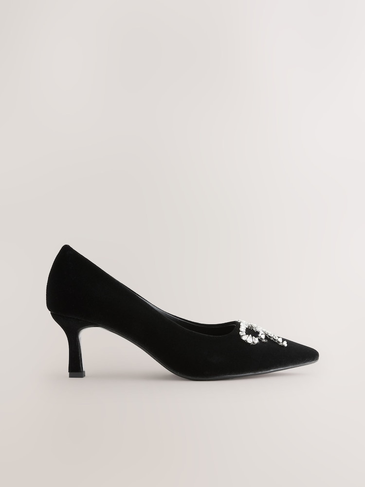 Black Velvet Forever Comfort Pointed Toe Jewelled Bow Court Heels - Image 1 of 9