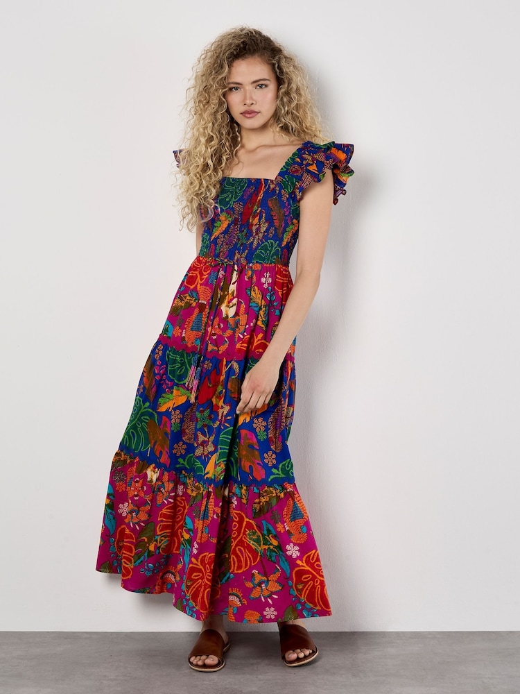 Apricot Blue Multi Tier Tropical Parrot Print 100% Cotton Dress - Image 1 of 5