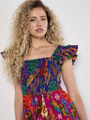 Apricot Blue Multi Tier Tropical Parrot Print 100% Cotton Dress - Image 2 of 5
