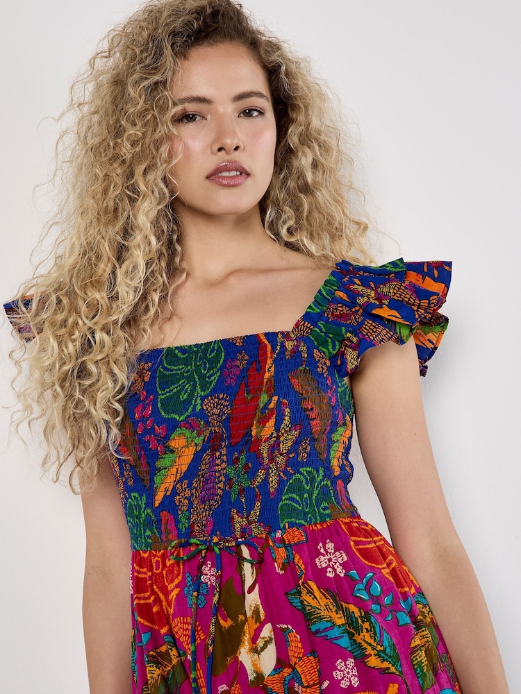 Apricot Blue Multi Tier Tropical Parrot Print 100% Cotton Dress - Image 2 of 5