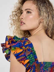 Apricot Blue Multi Tier Tropical Parrot Print 100% Cotton Dress - Image 3 of 5