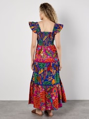 Apricot Blue Multi Tier Tropical Parrot Print 100% Cotton Dress - Image 4 of 5