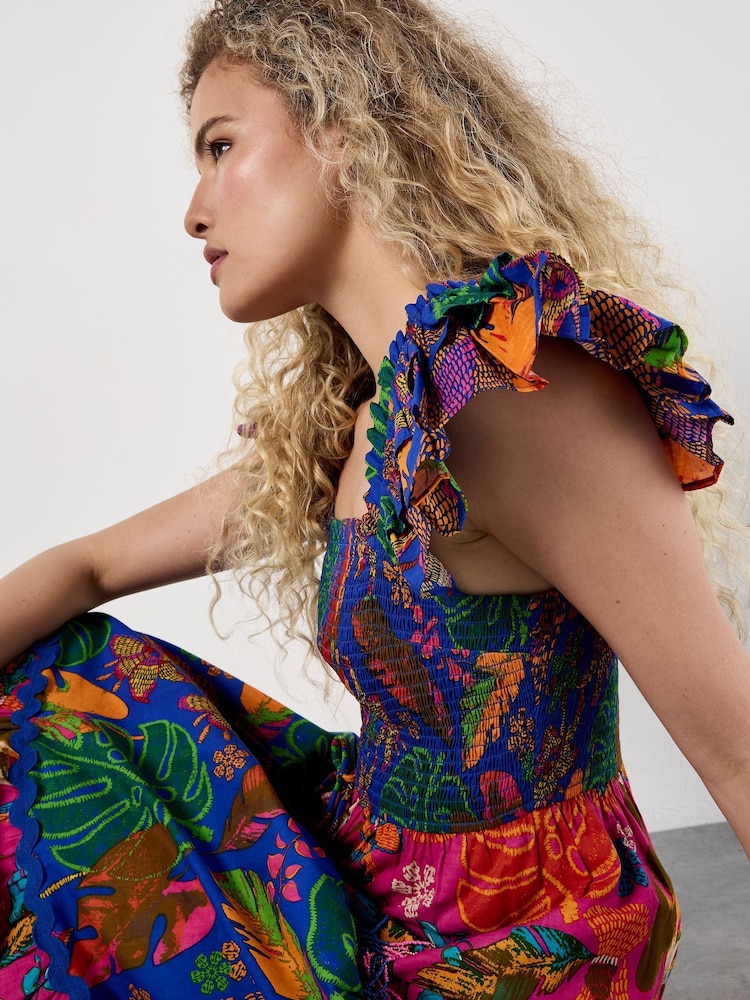 Apricot Blue Multi Tier Tropical Parrot Print 100% Cotton Dress - Image 5 of 5