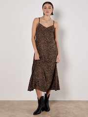 Apricot Brown Animal Print Viscose Crepe Dress - Image 1 of 5