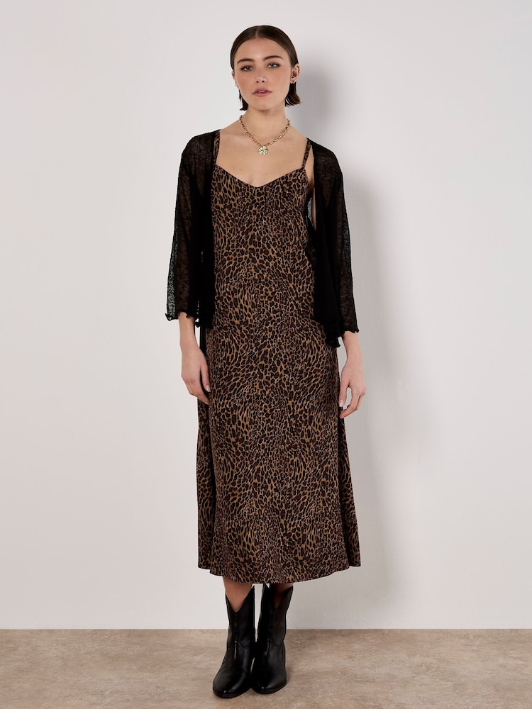 Apricot Brown Animal Print Viscose Crepe Dress - Image 2 of 5