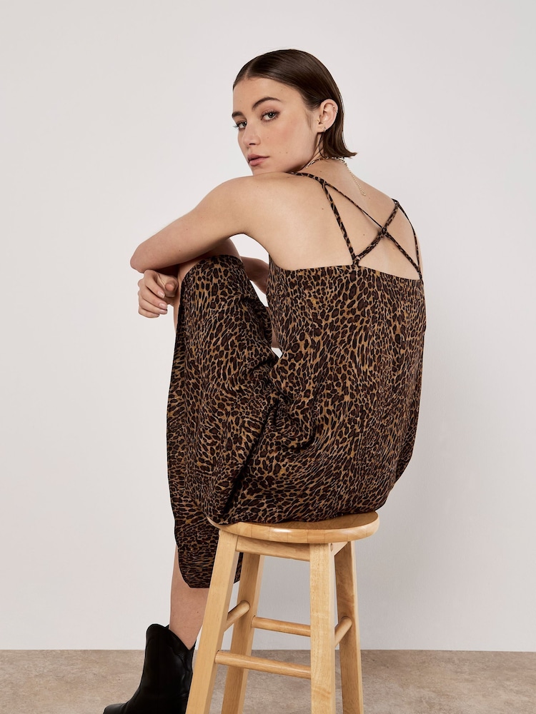 Apricot Brown Animal Print Viscose Crepe Dress - Image 5 of 5
