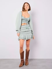 Apricot Green Smocked Tassel Crop Long Sleeve Blouses - Image 2 of 4