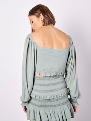 Apricot Green Smocked Tassel Crop Long Sleeve Blouses - Image 4 of 4